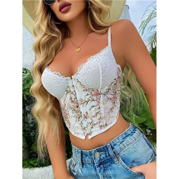Y2K White Lace Floral Embroidered Bustier Corset Lace Up Cami Crop Top Tank Top - Picture 2 of 6